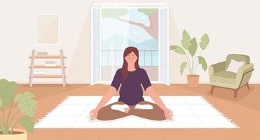 haciendo yoga durante el embarazo plano color vector ilustración. relajado embarazada mujer sentado en loto pose. héroe imagen. completamente editable 2d sencillo dibujos animados personaje con acogedor vivo habitación en antecedentes