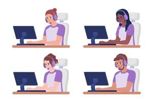 Gamers with headsets at computers semi flat color vector characters set. Editable figures. Half body people on white. Simple cartoon style spot illustration pack for web graphic design and animation