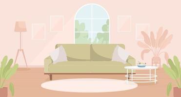 Sage green and pink contemporary living room flat color vector illustration. Spacious modern house. Fully editable 2D simple cartoon interior with apartment furniture and accessories on background