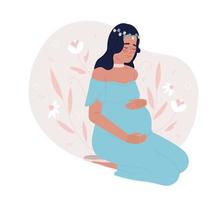 Keep mental wellbeing during pregnancy 2D vector isolated spot illustration. Soon-to-be mother hugging pregnant belly flat character on cartoon background. Colorful editable scene for mobile, website