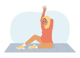 Doing stretches during pregnancy 2D vector isolated spot illustration. Exercising expectant mother flat character on cartoon background. Colorful editable scene for mobile, website, magazine