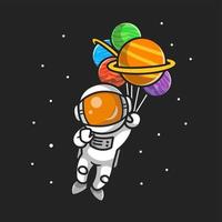 Cute Astronaut Flying With Planet Balloons In Space Cartoon Vector Icon Illustration. Technology Science Icon Concept Isolated Premium Vector. Flat Cartoon Style