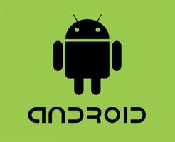 androide operando sistema icono logo software teléfono símbolo con nombre negro diseño móvil vector ilustración con verde antecedentes