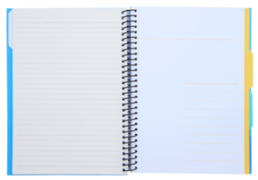 Spiral notebook opened with index on transparent background - PNG File