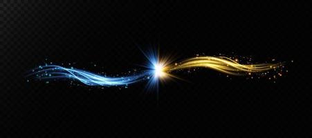 Abstract light lines of movement and speed in blue and gold. Light everyday glowing effect. semicircular wave, light trail curve swirl, car headlights, incandescent optical fiber png. vector