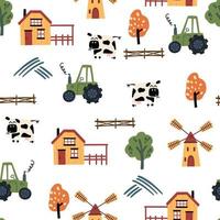 Farm seamless pattern Lovely landscape background with car tractors, houses and cow. Hand drawn design in cartoon style, use for print, wallpaper, kids clothes, fashion. Vector illustration