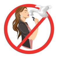 No vaping,smoking sign.Woman smoking e-segarita vape in Red forbidden circle sign icon isolated on white background vector illustration.Woman vaper blows steam from her mouth.