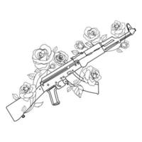 Anti Terrorism Day concept.AK 47 Kalashnikov assault rifle with flowers roses growing from it Line art drawing vector illustration.Stop terrorism poster,emblem,poster,print. tattoo idea,tshirt design