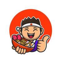 Happy Male Chef Holding Ramen Noodle Cartoon Vector Icon Illustration. People Food Icon Concept Isolated Premium Vector. Flat Cartoon Style