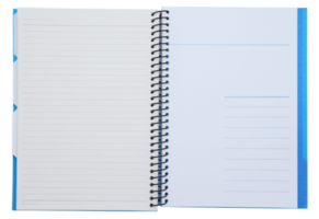 Spiral notebook opened with index on transparent background - PNG File