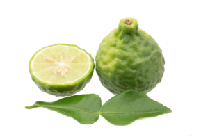 Whole bergamot and half one with green leaf on transparent background png file.