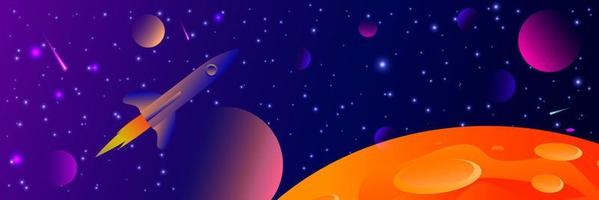 Vector futuristic space background with bright light planets and stars. Cosmos banner with neon light 3d objects and glowing tracks. Abstract universe with big red planets.
