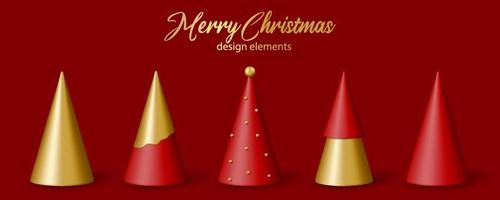 Christmas and New Year decor. Set of 3D realistic golden and red Christmas trees. vector