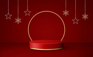 Christmas 3d scene with red and gold podium platform and garlands. vector
