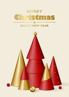 Merry Christmas and Happy New Year greeting card. 3D realistic gold and red decorative Christmas trees and balls on white background. vector