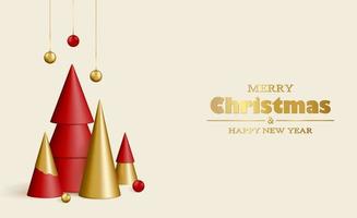 Merry Christmas and Happy New Year background. 3D realistic gold and red decorative Christmas trees and garlands on a white background. vector