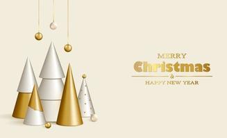 Merry Christmas and Happy New Year background. 3D realistic gold and white decorative Christmas trees and garlands on a white background. vector