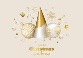 Merry Christmas and Happy New Year background. White and gold 3d objects. Christmas tree, balls and gold decor. vector