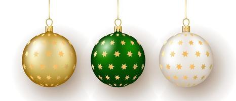 Christmas and New Year decor. Set of gold, white and green glass stars ornament balls on ribbon with bow. vector