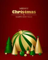 contento nuevo año y alegre Navidad tarjeta con oro y verde 3d Navidad pelotas y abeto arboles vector