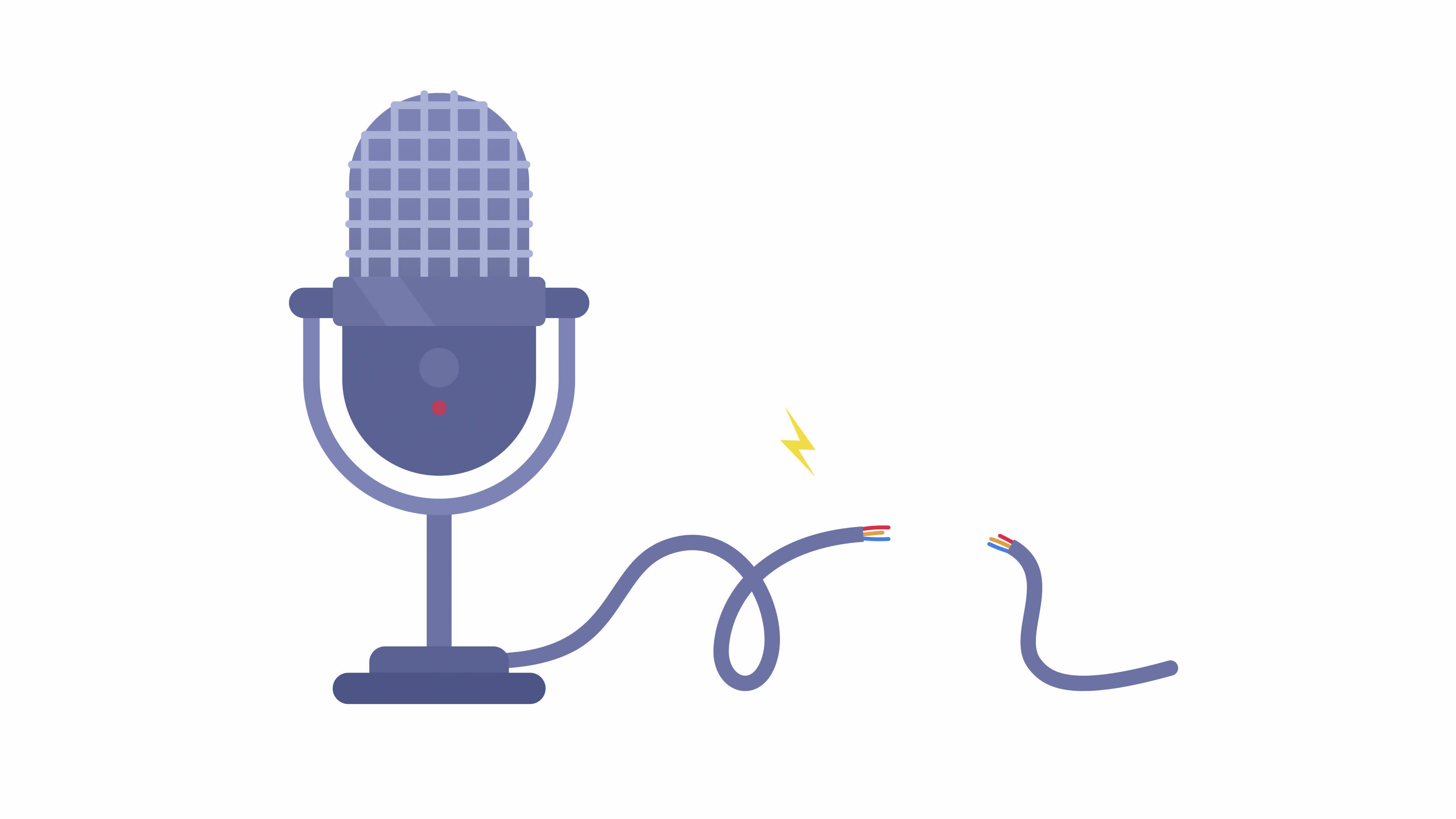 Animated microphone with broken wire. Mic device with damaged cable