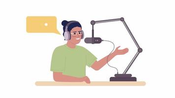 Animated starting own podcast. Male radio host with recording equipment. Flat character animation on white background with alpha channel transparency. Color cartoon style 4K video footage