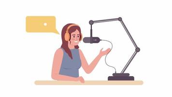 animiert Laufen persönlich Podcast. weiblich Radio Gastgeber mit Aufzeichnung Mikrofon. eben Charakter Animation auf Weiß Hintergrund mit Alpha Kanal Transparenz. Farbe Karikatur Stil 4k Video Aufnahmen