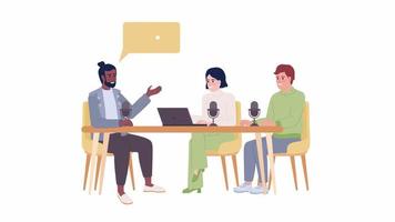 Animated three-person podcast setup. Hosts interviewing celebrity guest. Flat characters animation on white background with alpha channel transparency. Color cartoon style 4K video footage