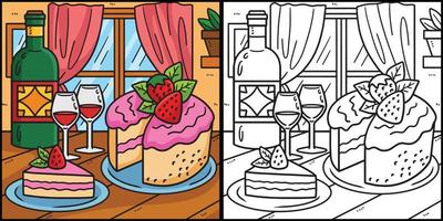 Boda pastel y vino colorante página ilustración vector