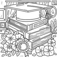 Graduation Cap with Books Coloring Page for Kids vector