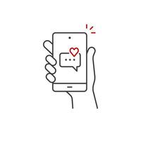 mano sostener teléfono inteligente, corazón correo electrónico enviar, nuevo amor mensaje línea icono. teléfono mensaje contorno icono. aislado vector