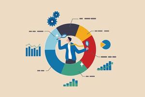Analyze data, financial research analytics, data analysis, chart and graph or diagram, database report or predictive visualization concept, businessman with magnifying glass analyzing pie chart data. vector
