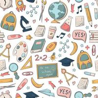 School and education seamless pattern with doodles, clip art, cartoon elements for wallpaper, wrapping paper, scrapbooking, stationary, etc. EPS 10 vector