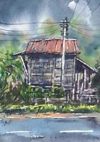 Hand drawn watercolor painting of local barn. Landscape watercolor painting. Scanning high resolution. photo