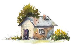Hand drawn watercolor painting of beautiful summer cottage. Landscape watercolor painting. photo