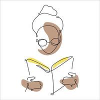 World Book Day. Girl in glasses reading a book. One line style. Vector illustration