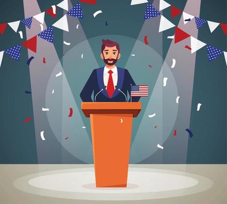 American Podium Politician Celebrate Election. American politician candidate speaks to people.