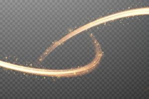 Luminous golden lines of speed. Light glowing effect. Abstract motion lines. Light trail wave, fire path trace line, car lights, optic fiber and incandescence curve twirl vector