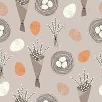 Seamless pattern for Holy Easter with Easter eggs, bouquet of willow in beige trend colors. Vector pattern for printing on paper, textile.
