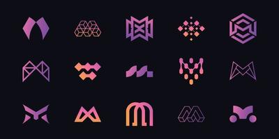 Set of modern letter M digital technology logo design. vector