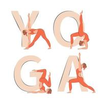 yoga poses conjunto y letras yoga. colección de mujer ejecutando físico ejercicios. personaje demostrando varios yoga posiciones. plano vector ilustración aislado en blanco antecedentes.