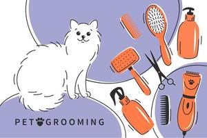 Pet grooming. Cartoon cute cat with different tools for animal hair grooming, haircuts, bathing, hygiene. Pet care salon concept. Vector illustration