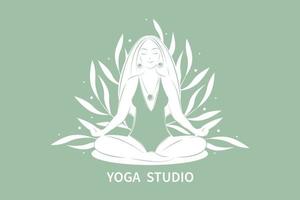 yoga estudio. mujer meditando, practicando yoga. silueta dibujo para logo, bandera o anuncio publicitario. vector ilustración.
