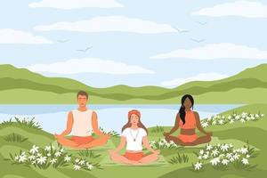 People practicing yoga together and meditating on nature with flowering plants. Healthy lifestyle, open air workout, physical exercising, yoga class. Vector illustration