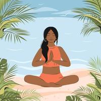 joven africano americano mujer meditando sentado en loto en el naturaleza. concepto ilustración para yoga, meditación, relajarse, físico y mental salud. vector ilustración en plano estilo.