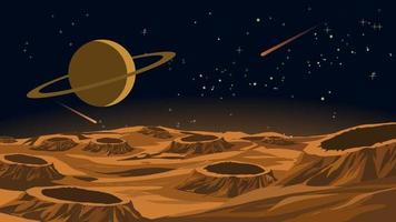 Vector illustration of moon surface with saturn and stars