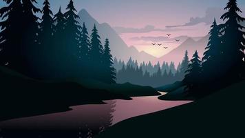 Vector illustration of beautiful forest landscape with river and mountain