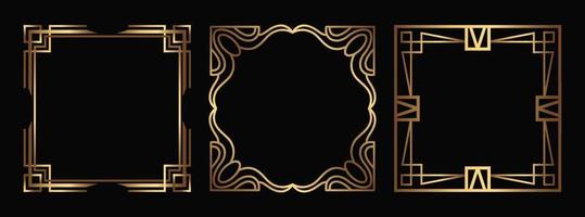 Art Deco vector square Social Media templates. Isolated linear fancy gold frames on black