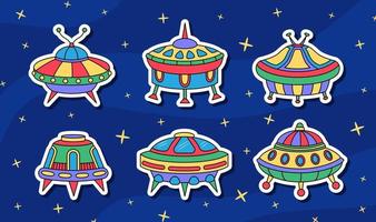 Vector UFO cartoon stickers set in retro colors. Isolated colorful spaceship badge with white contour