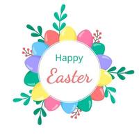 Cartoon Easter Eggs border with Happy Easter text on white. Isolated spring wreath with leaves, berries and Eggs vector